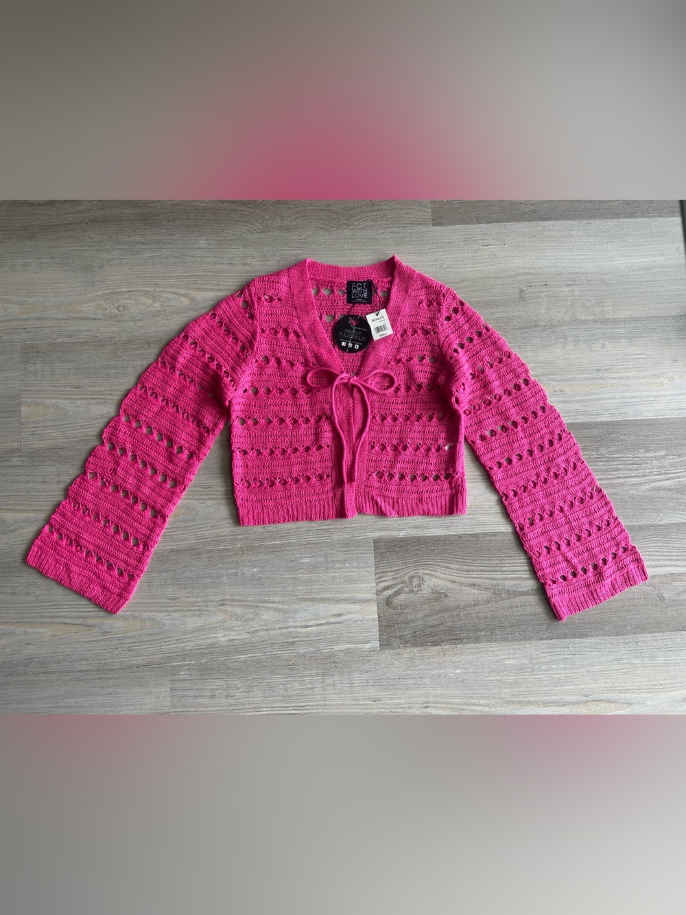 FCT With Love Pink Crochet Cropped Cardigan Sweater Tie Front Bell Sleeve S NWT